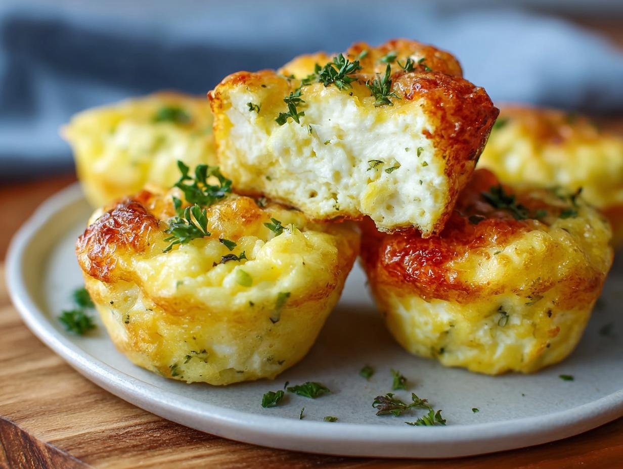 Gros plan de bouchées aux œufs et fromage cottage, garnies de persil frais.