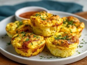 Gros plan sur des bouchées d'œufs au fromage cottage dorées et garnies de persil frais.
