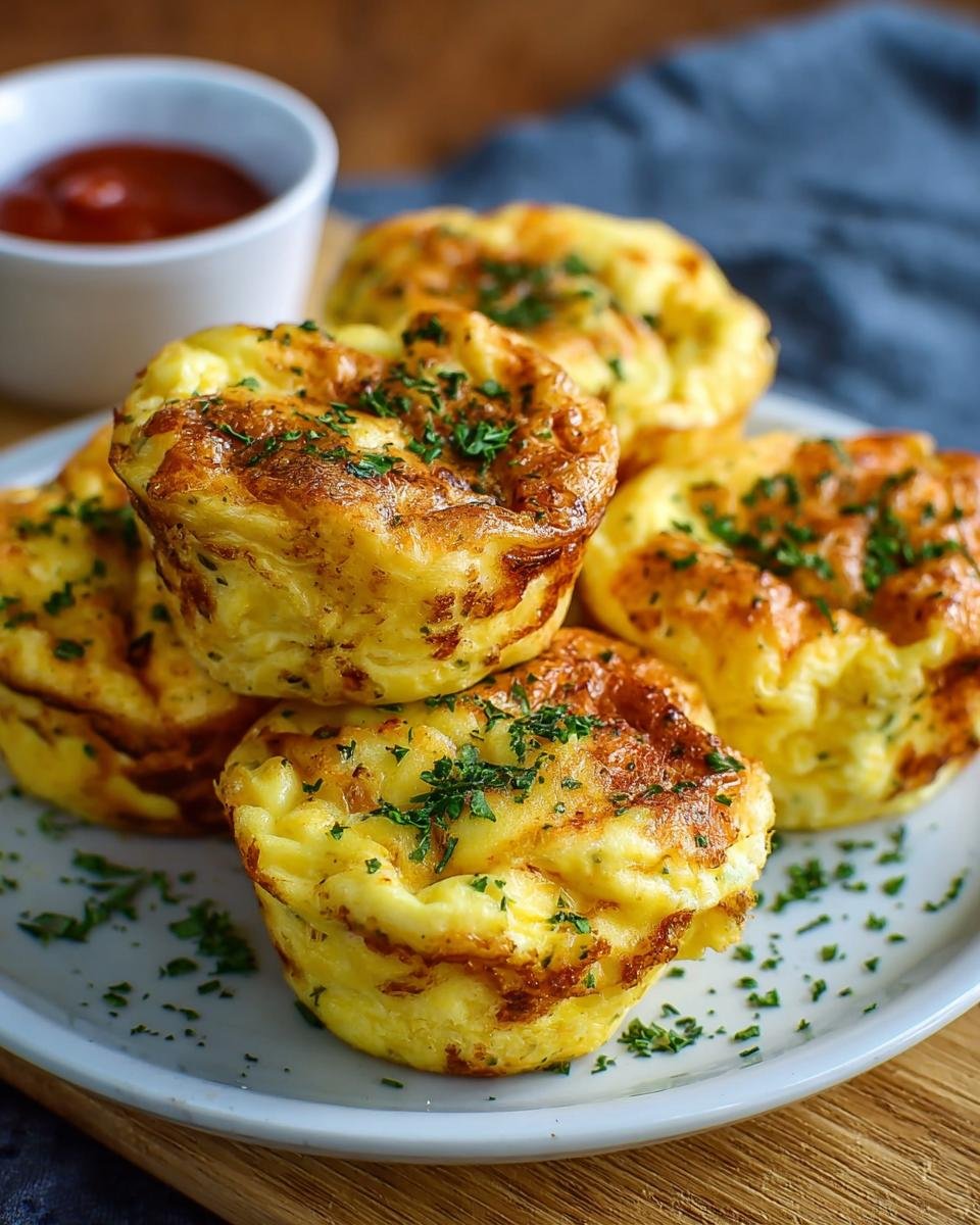 Gros plan de bouchées d'œufs au fromage cottage garnies de persil frais, servies avec de la sauce tomate.