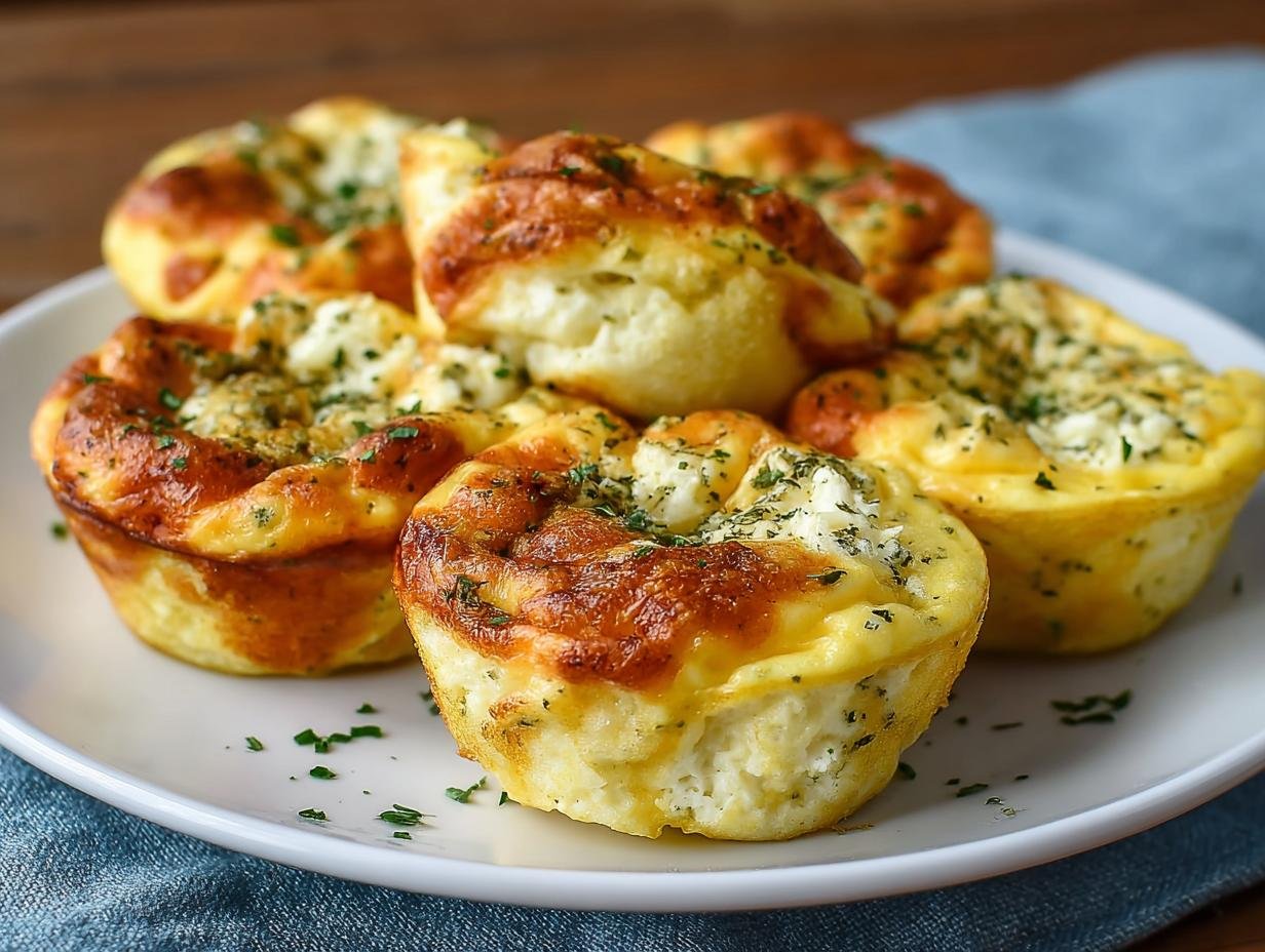 Gros plan sur des bouchées d'œufs au fromage cottage, garnies d'herbes fraîches, sur une assiette blanche.