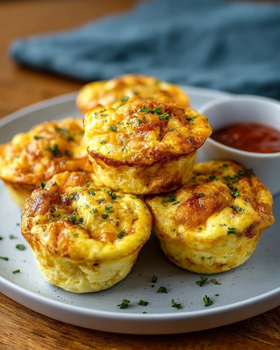 Gros plan sur des bouchées d'œufs au fromage cottage dorées, garnies d'herbes fraîches, sur une assiette.
