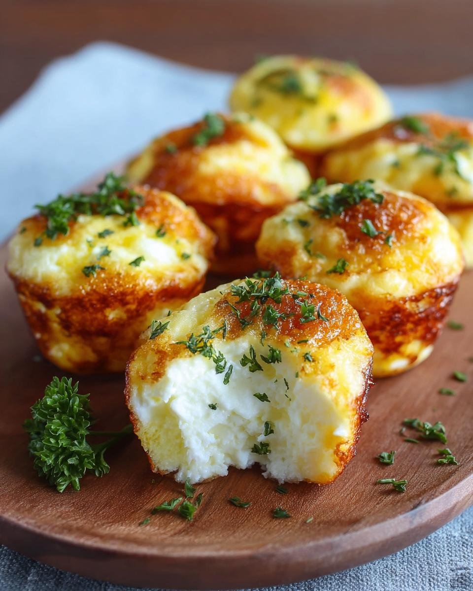 Gros plan sur des bouchées aux œufs et fromage cottage dorées, garnies de persil frais.