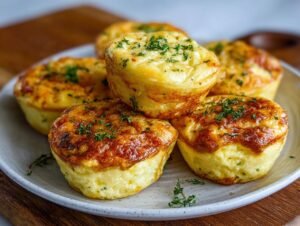 Gros plan de bouchées d'œufs au fromage cottage, dorées et garnies de persil frais.