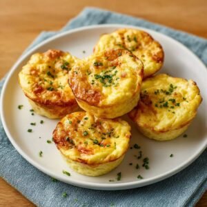 Bouchées d'Oeufs: 8 min, délice garanti 5 Gros plan de bouchées d'œufs au fromage cottage dorées, garnies de ciboulette fraîche sur une assiette blanche.