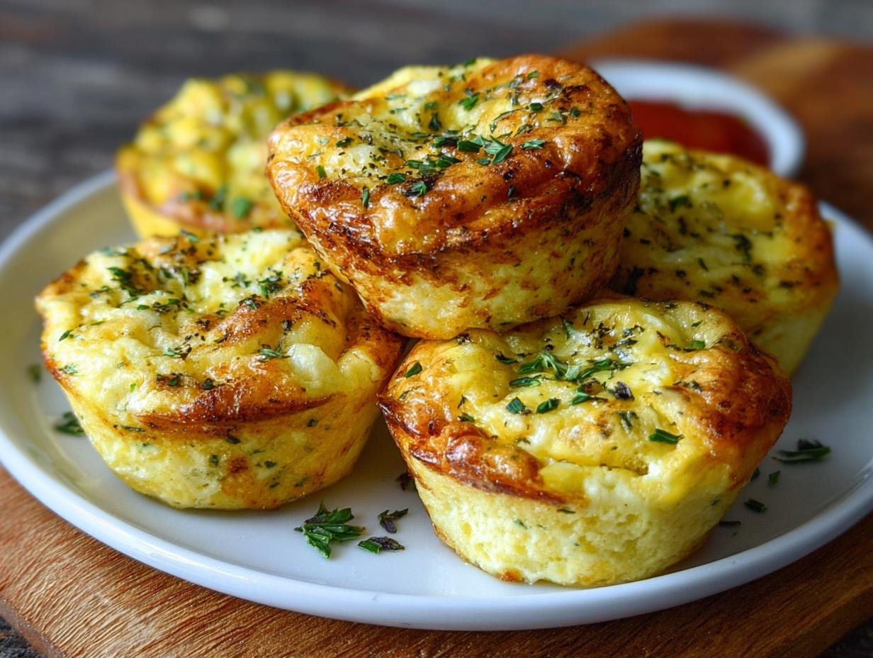 Gros plan sur des bouchées d'œufs au fromage cottage, dorées et saupoudrées d'herbes fraîches, servies sur une assiette blanche.