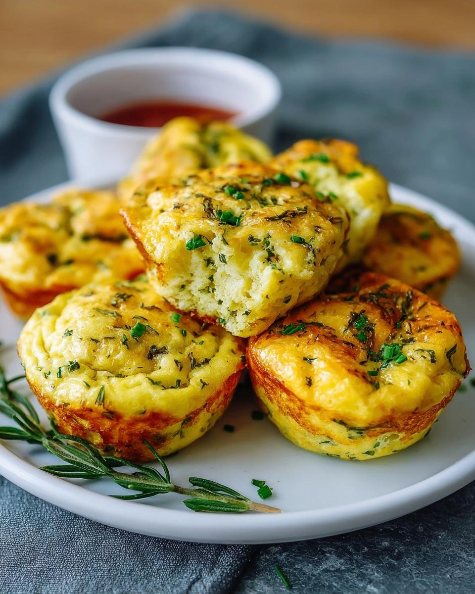 Gros plan de Bouchées d'Oeufs au Fromage Cottage dorées, garnies d'herbes fraîches, sur une assiette blanche.