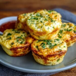 Gros plan de bouchées d'œufs au fromage cottage, dorées et parsemées de persil frais.