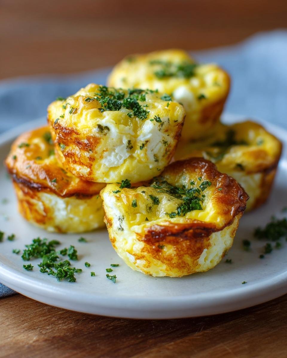 Gros plan de bouchées aux œufs et fromage cottage garnies de persil frais.