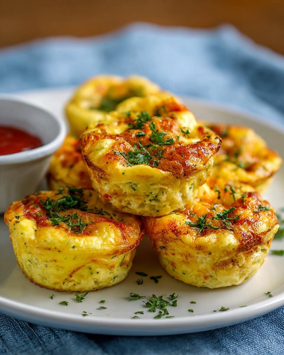 Gros plan sur des bouchées d'œufs au fromage cottage dorées, garnies de persil frais, servies avec une sauce rouge.