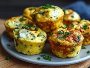 Gros plan sur des bouchées d'œufs haute protéine garnies de ciboule et de persil.