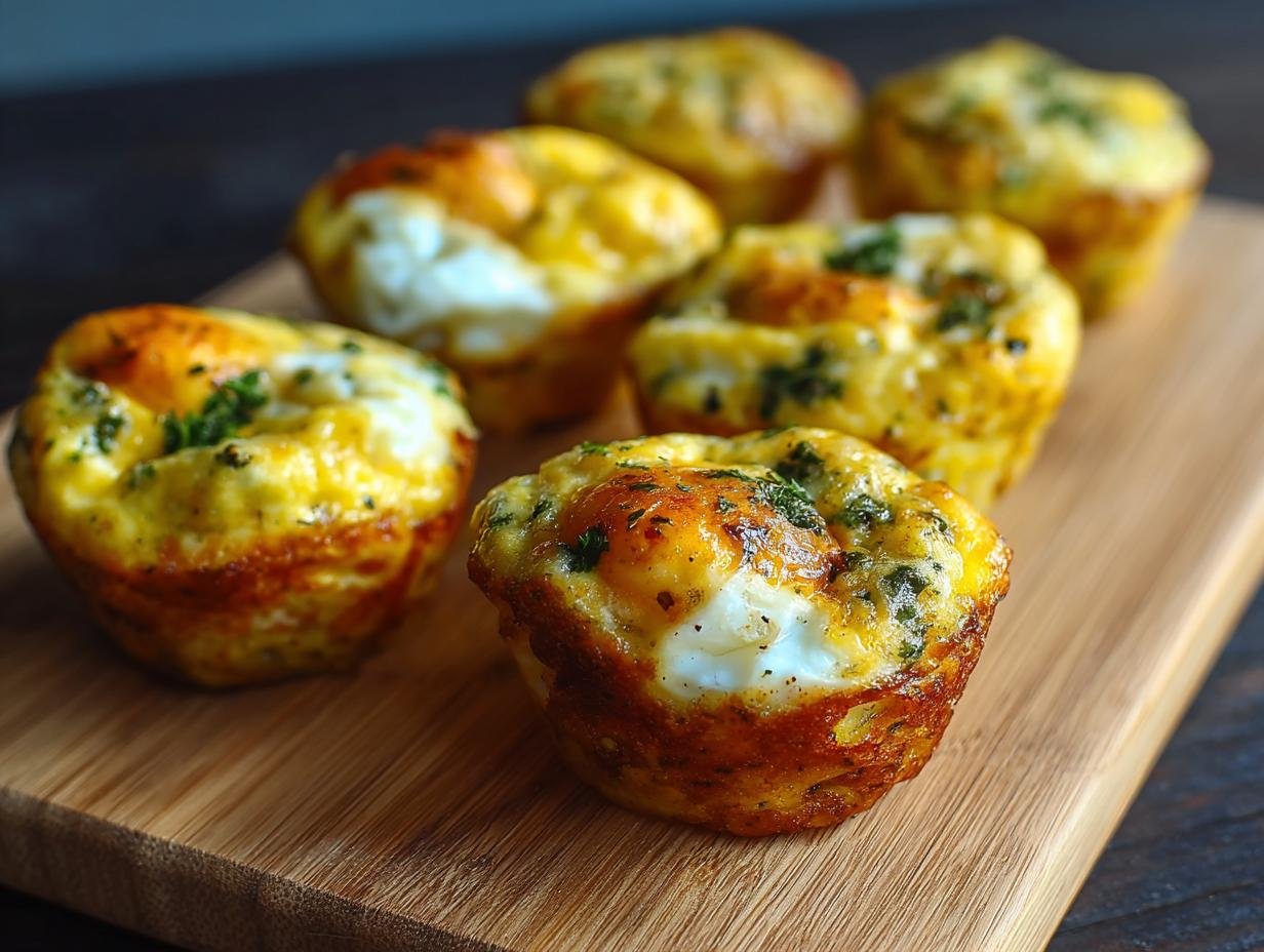 Gros plan sur des Bouchées d'Oeufs Haute Protéine dorées, garnies d'herbes fraîches, disposées sur une planche en bois.
