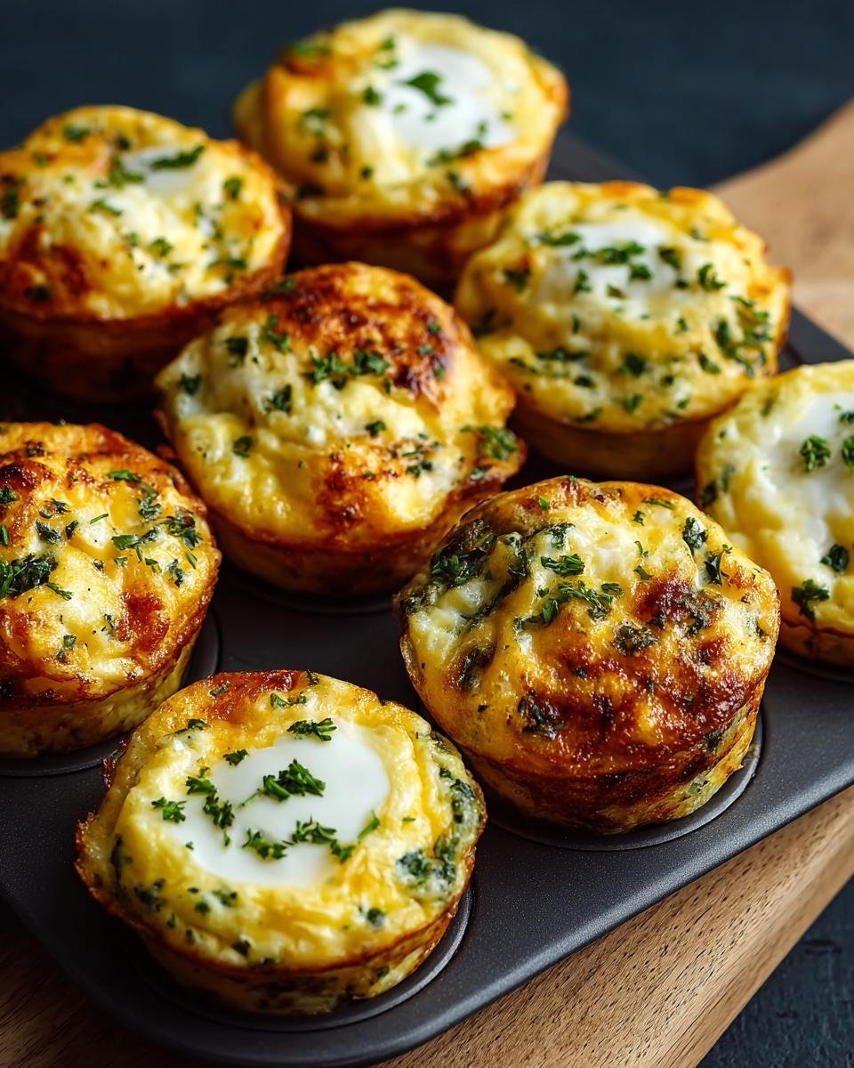 Gros plan de bouchées d'œufs haute protéine dorées, garnies de persil frais, dans un moule.