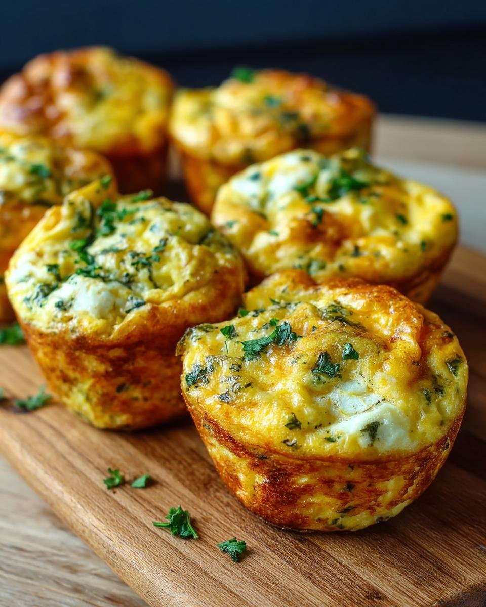 Gros plan sur des bouchées d'œufs haute protéine dorées, garnies de persil frais, sur une planche en bois.