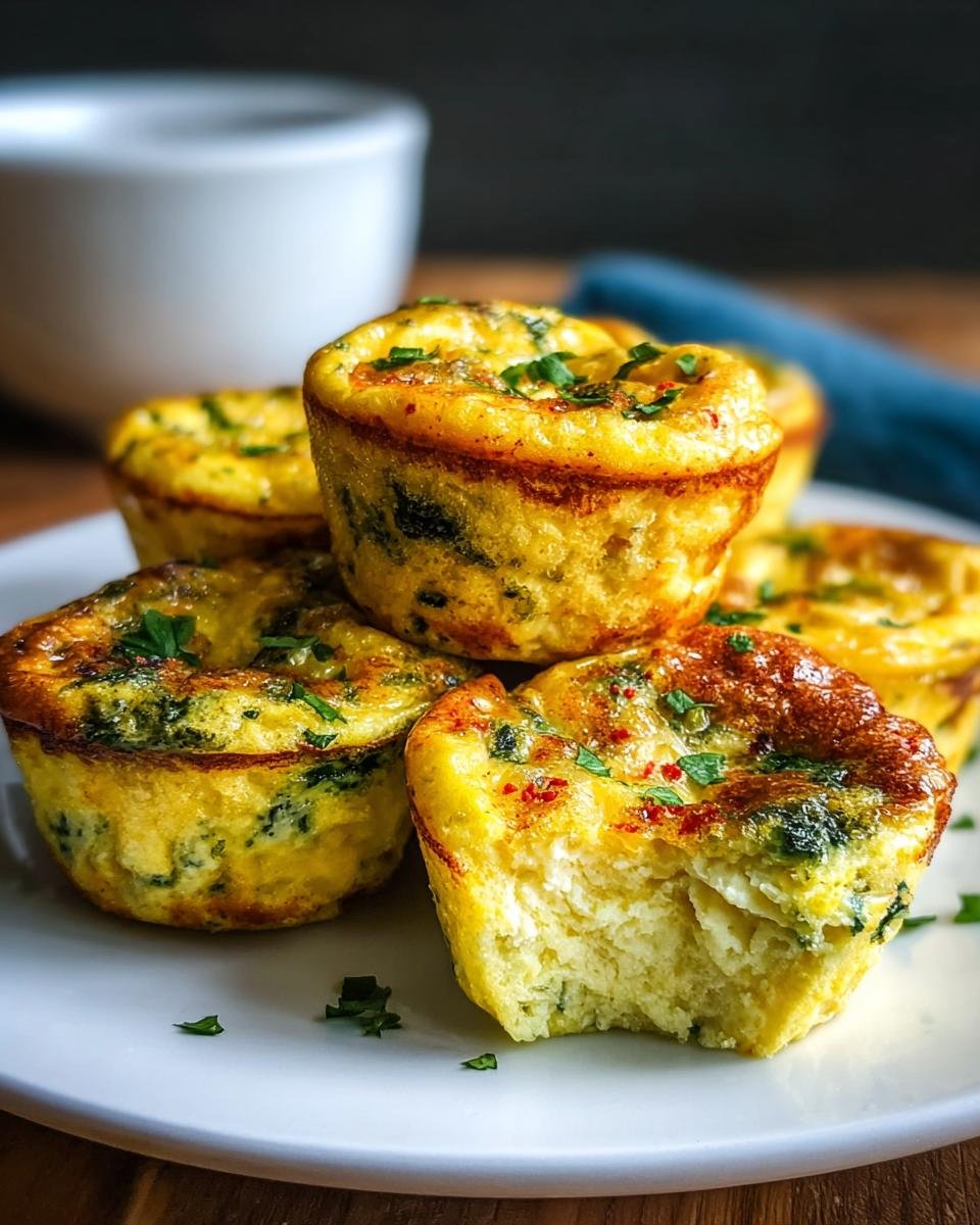 Gros plan sur des bouchées d'œufs protéinées dorées garnies de persil frais.