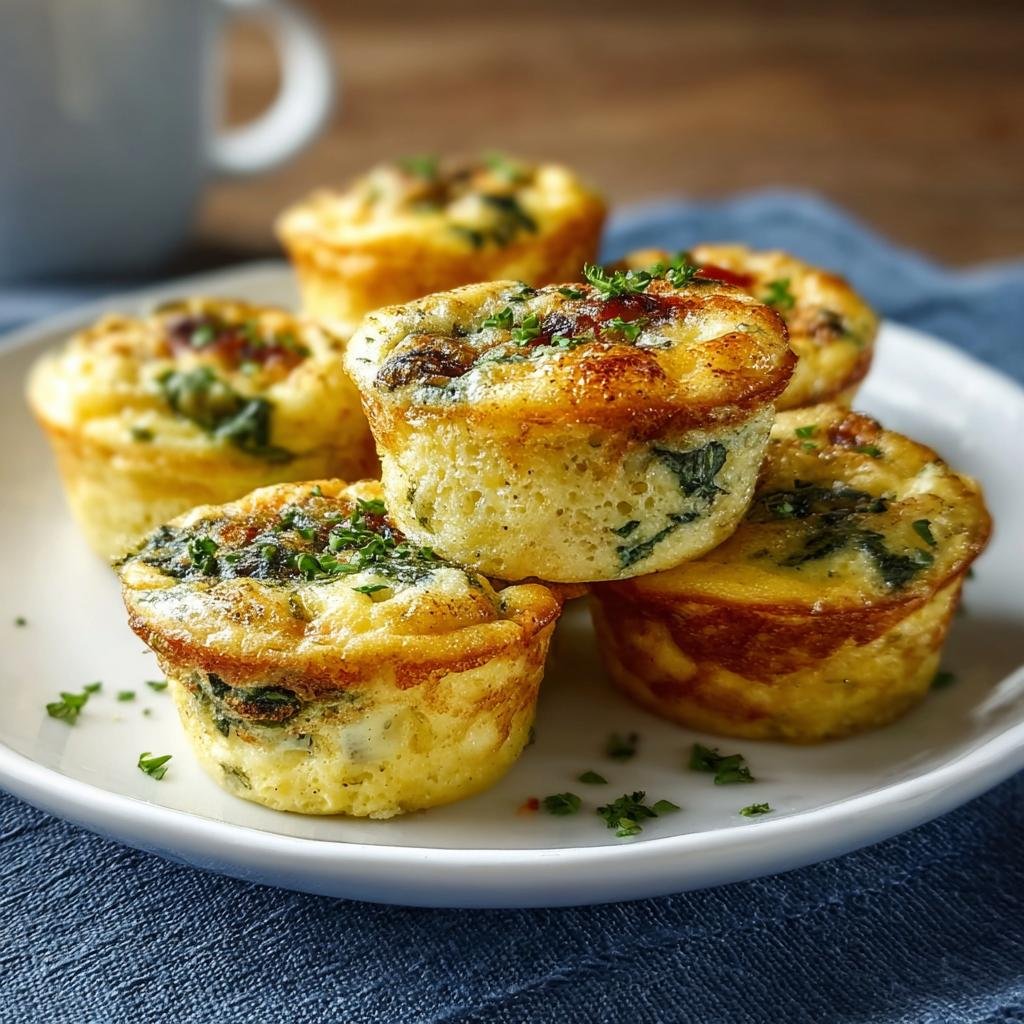 Gros plan de Bouchées d'Oeufs Protéinées garnies de persil frais sur une assiette blanche.