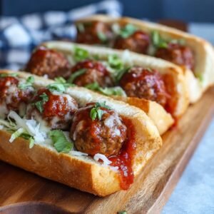 Sous-marins boulettes viande : 8 soirs faciles 6 Gros plan sur des boulettes de viande sous-marins faciles garnies de fromage fondu et de persil frais.