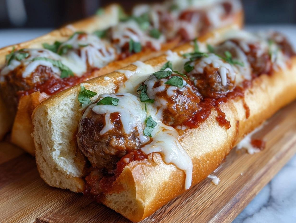 Gros plan de boulettes de viande sous-marins faciles dans un pain de mie, garnies de sauce tomate, de fromage fondu et de persil.