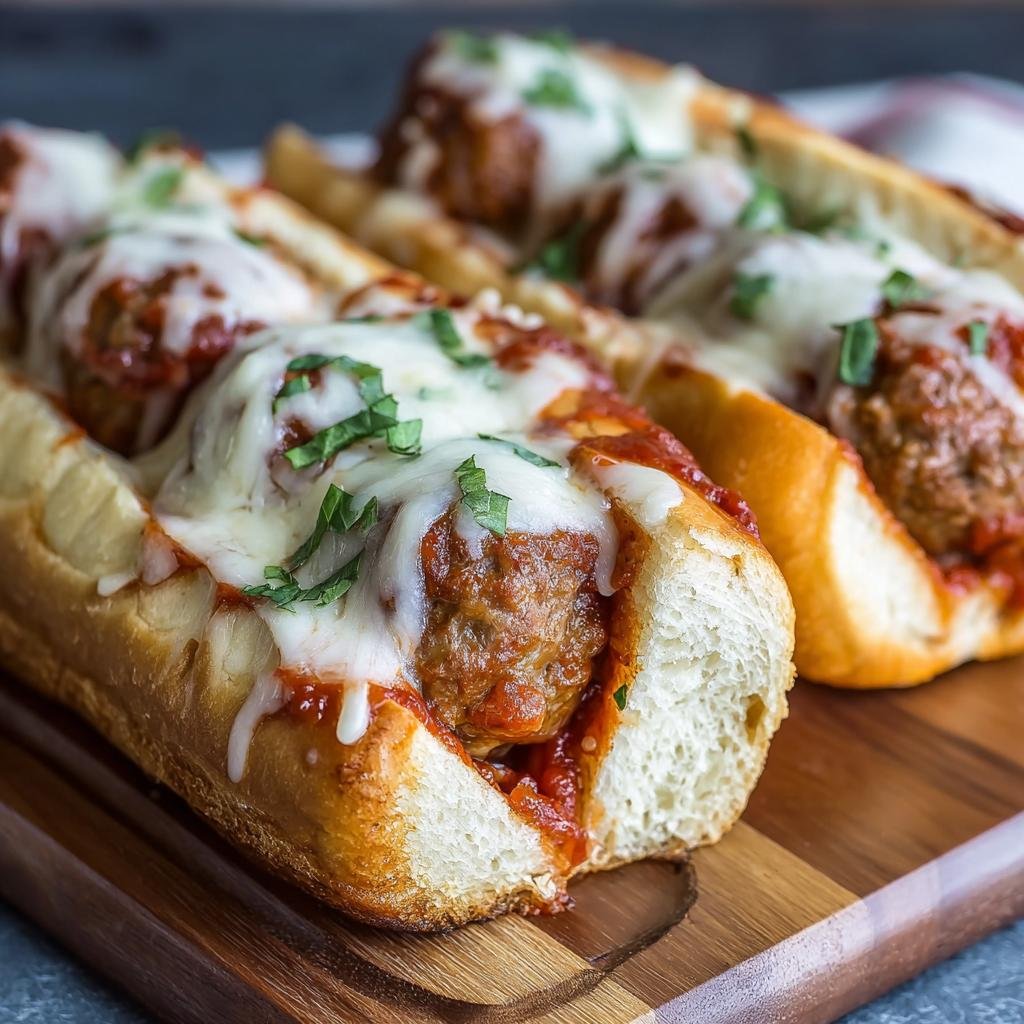 Gros plan de boulettes de viande sous-marins faciles avec sauce tomate et fromage fondu, garnies d'herbes fraîches.