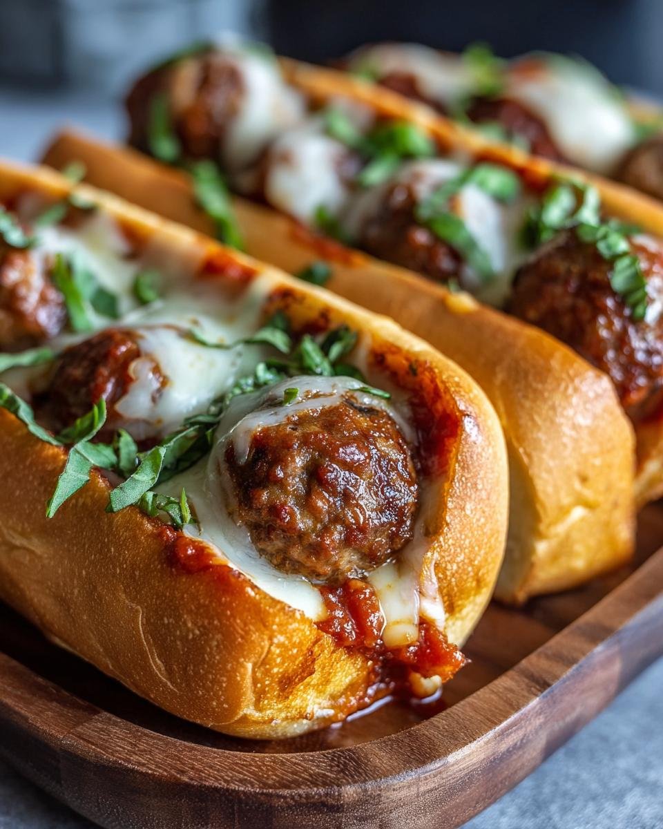 Gros plan sur des boulettes de viande sous-marins faciles avec du fromage fondu et des herbes fraîches.