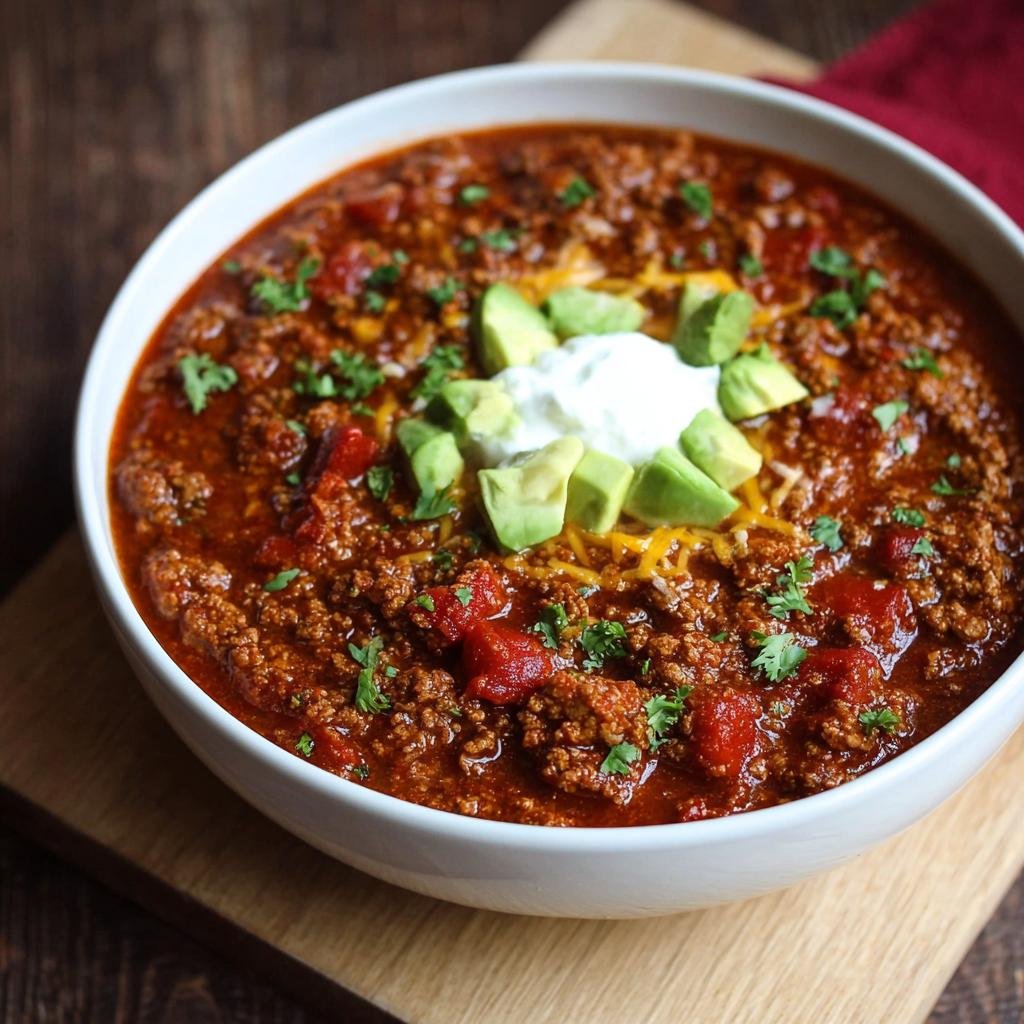 Gros plan d'un bol de Chili Protéiné Élevé garni de crème aigre, d'avocat et de fromage râpé.