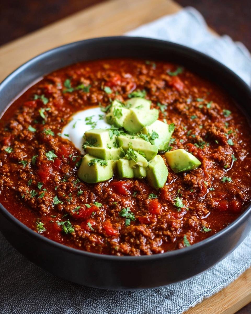 Un bol de Chili Protéiné Élevé garni d'avocat, de crème sure et de persil frais.