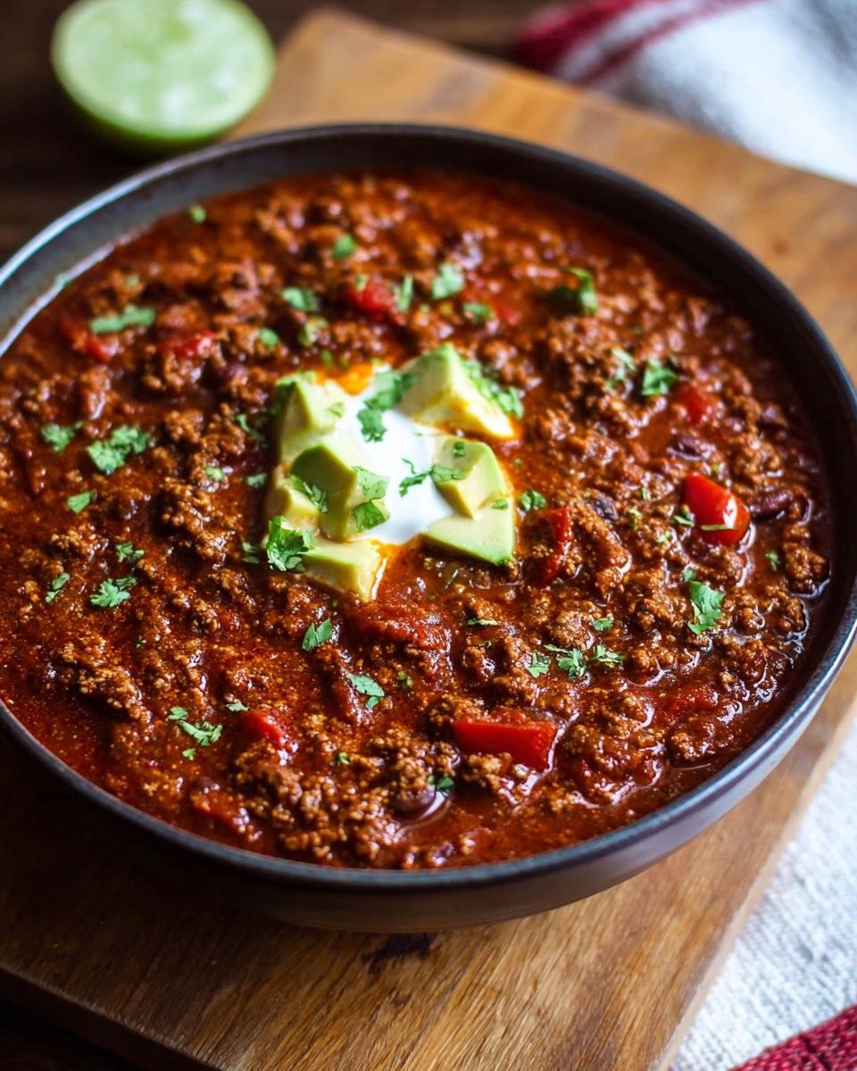 Gros plan d'un bol de Chili Protéiné Élevé garni de crème sure, d'avocat et de coriandre.