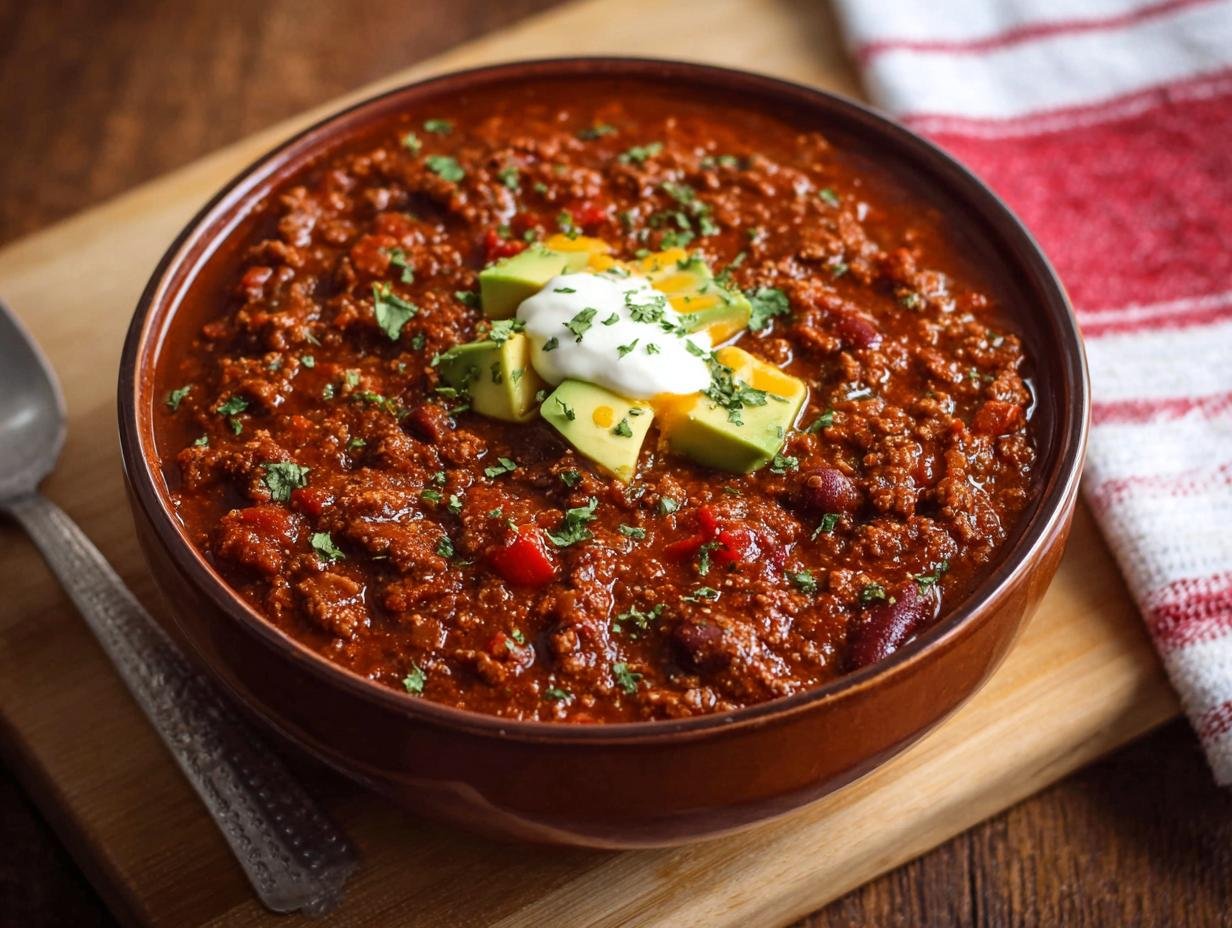 Gros plan sur un bol de Chili Protéiné Élevé garni d'avocat, de crème sure et de persil.