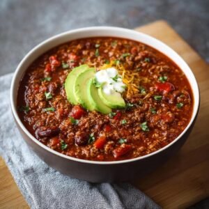 Gros plan d'un bol de Chili Protéiné Élevé garni d'avocat, de crème sure et de fromage râpé.