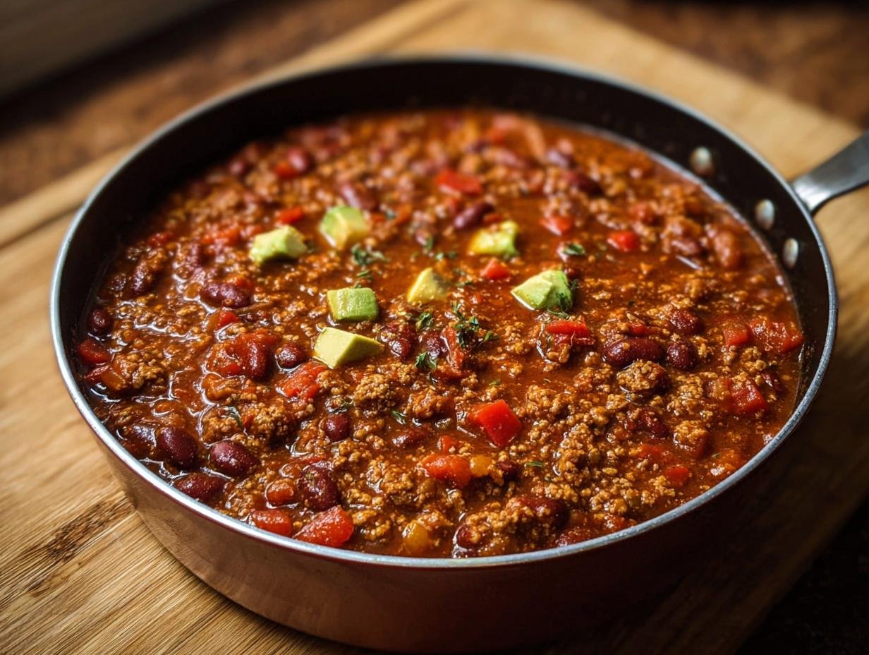 Gros plan d'un plat de Chili Protéiné Élevé garni d'avocat et d'herbes.