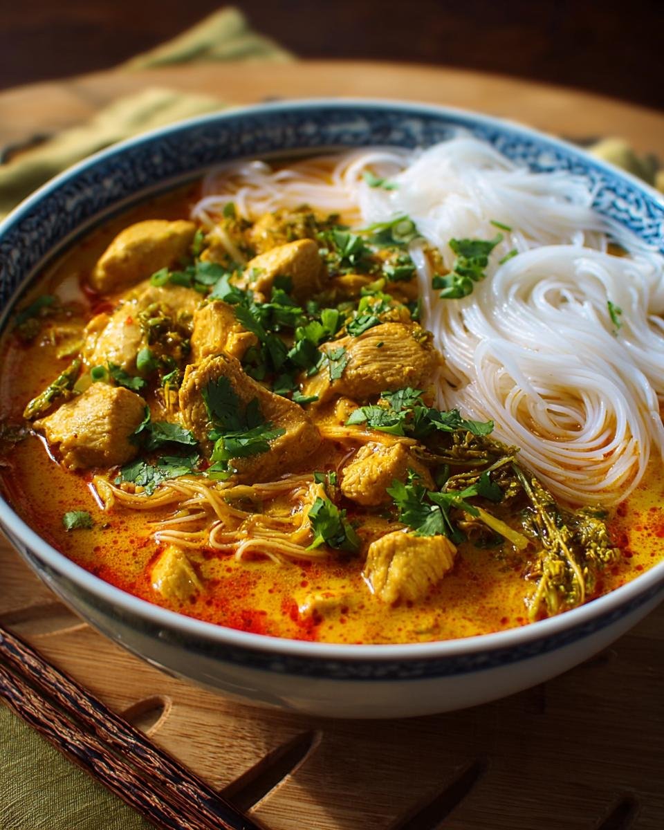 Bol de curry de poulet au lait de coco avec des nouilles fines, garni de coriandre fraîche.