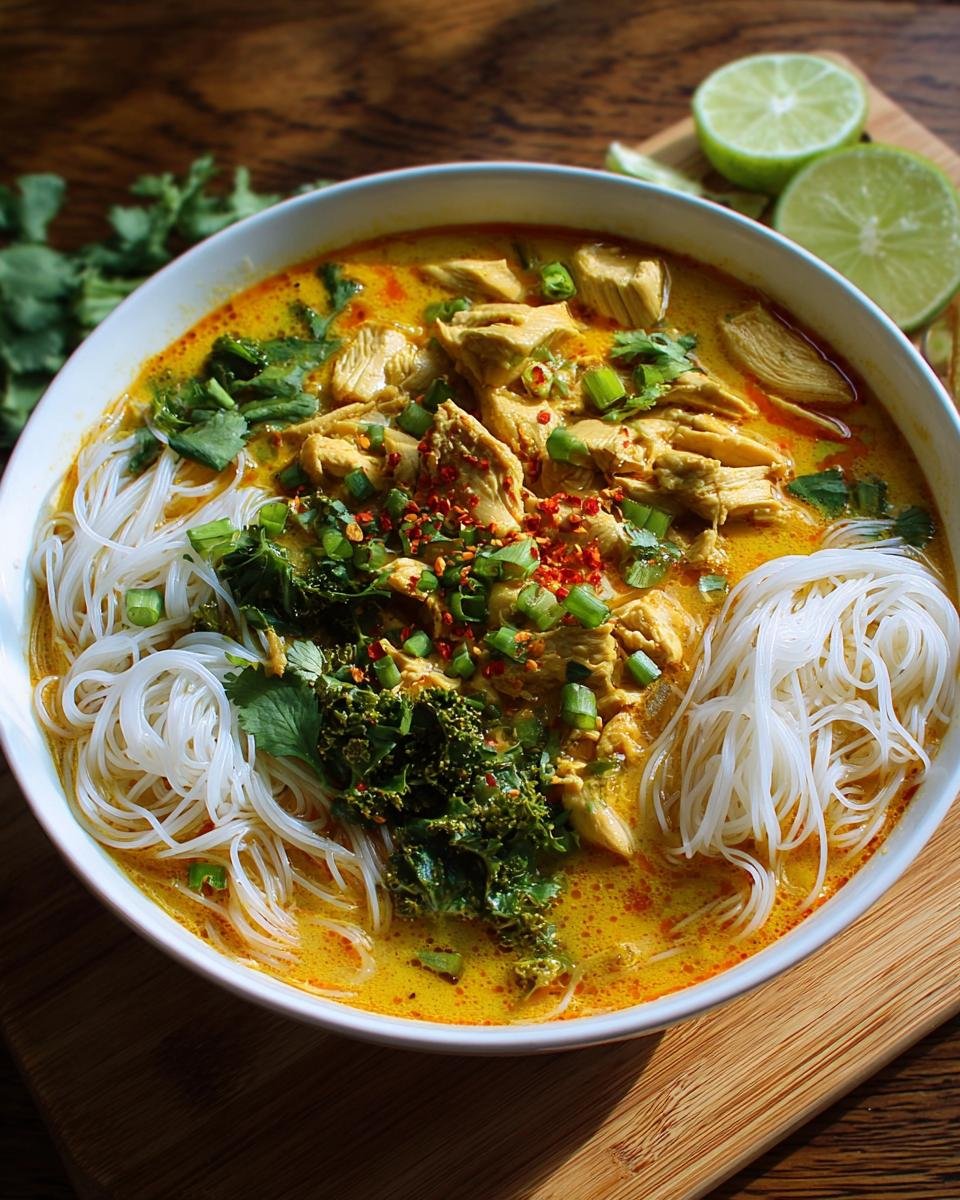 Un bol de Curry de Poulet au Lait de Coco avec des nouilles fines, garni de coriandre, d'oignons verts et de flocons de piment.