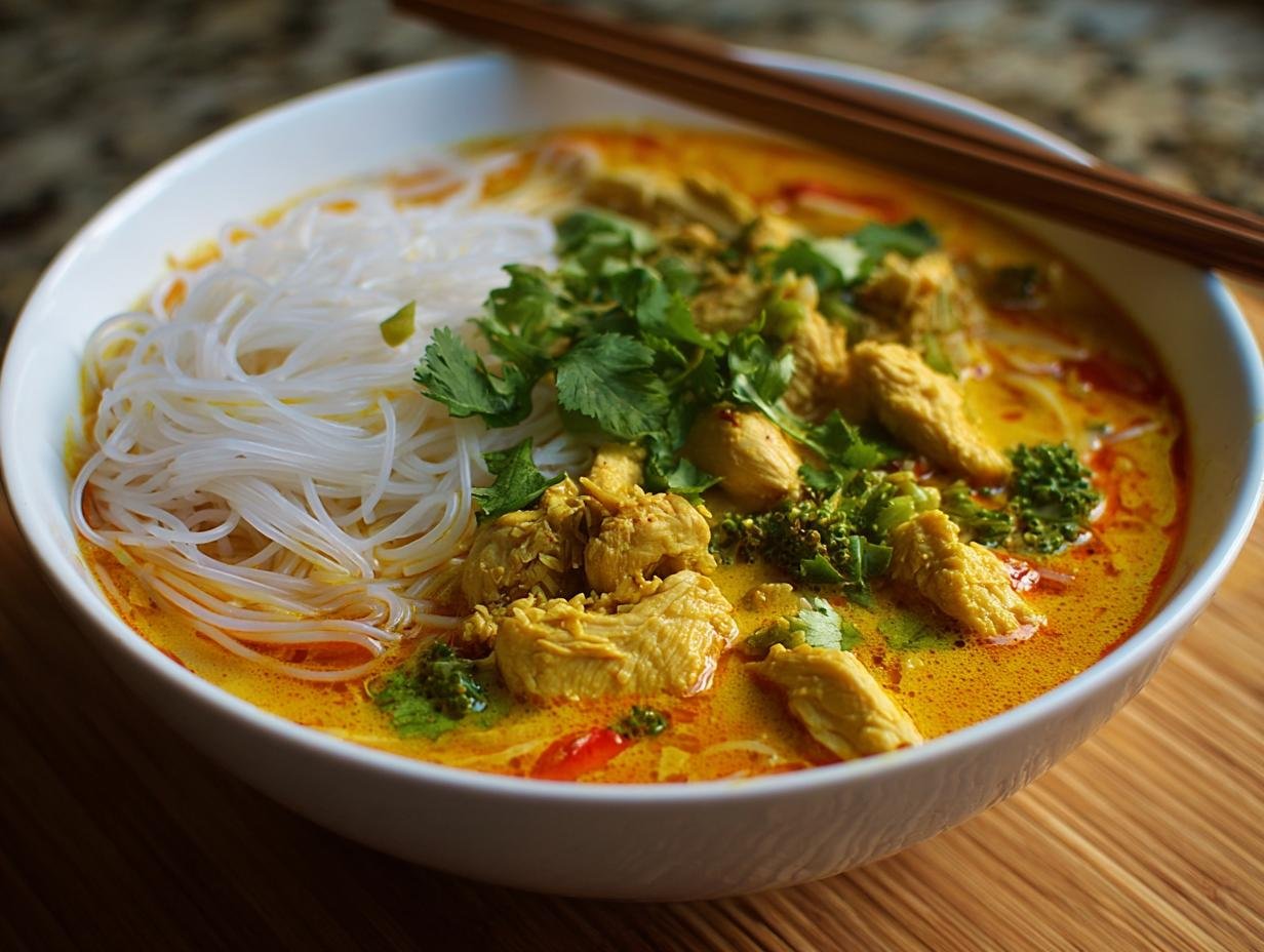 Un bol de curry de poulet au lait de coco avec des nouilles, du brocoli et de la coriandre fraîche.