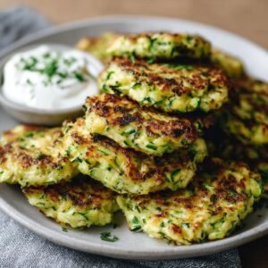 Gros plan de fritters de courgette sains, dorés et croustillants, servis avec une sauce crémeuse.