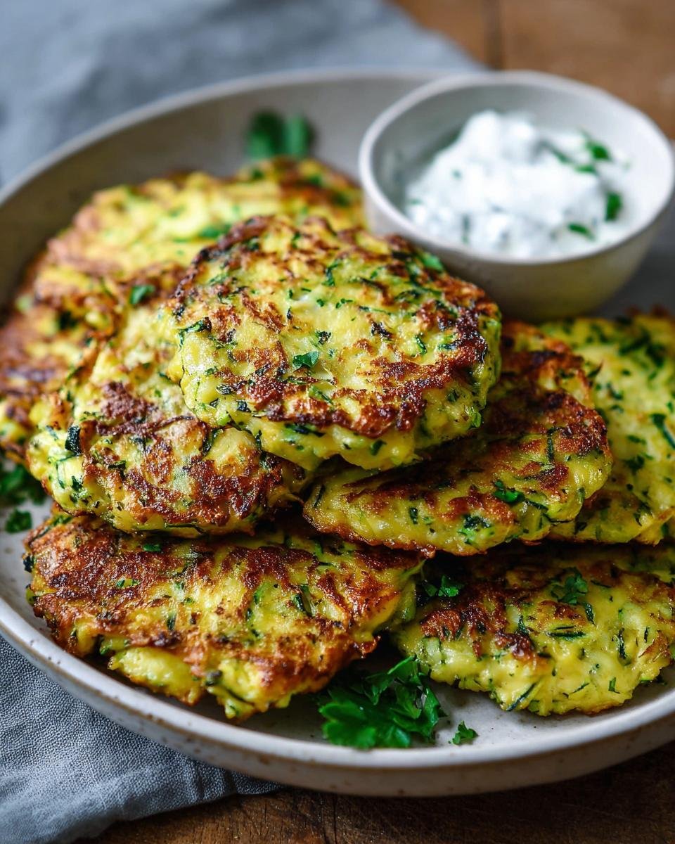 Pile de fritters de courgette sains dorés et croustillants, garnie de persil frais, avec un bol de sauce à côté.