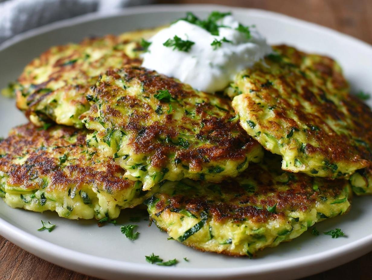 Gros plan sur des fritters de courgette sains, dorés et croustillants, servis avec une cuillère de crème et du persil frais.