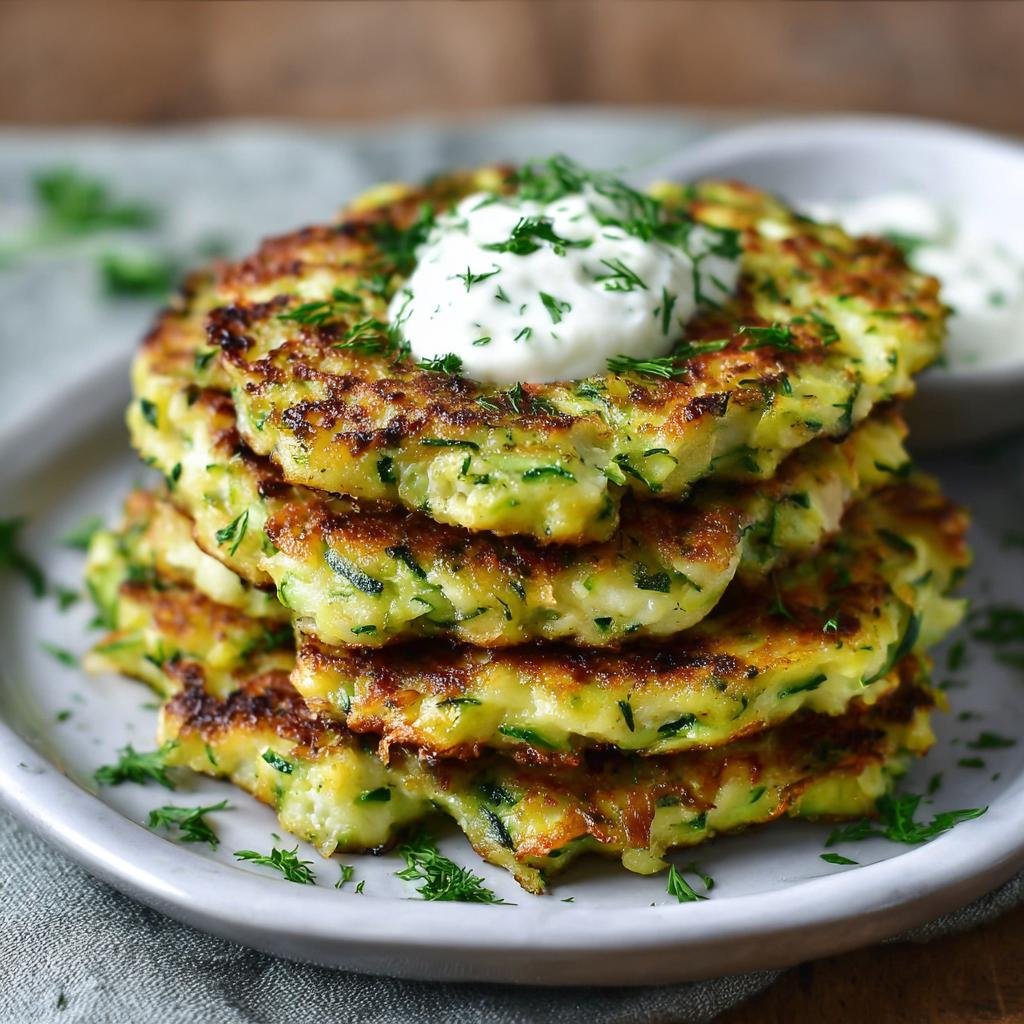 Pile de fritters de courgette sains, garnie de crème et d'herbes fraîches.