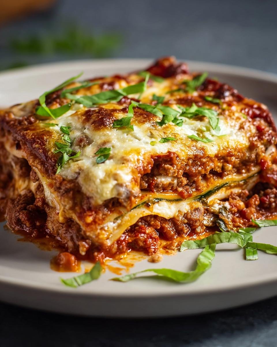 Gros plan sur une part de lasagne haute protéine, avec couches de viande, sauce tomate, fromage fondant et herbes fraîches.