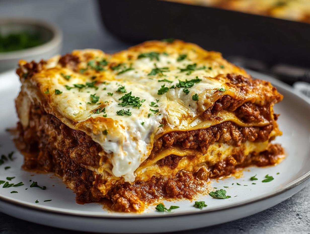 Gros plan sur une part de lasagne haute protéine, avec couches de viande, pâtes et fromage fondu, garnie de persil.