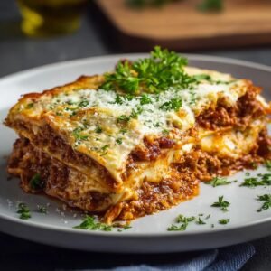Lasagne Haute Protéine : 1 plat gourmand 5 Gros plan d'une portion de lasagne haute protéine, garnie de persil frais et de parmesan râpé.