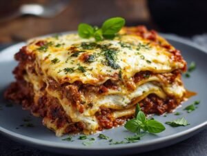 Gros plan d'une portion de Lasagne Haute Protéine, avec des couches de pâtes, de sauce à la viande et de fromage fondant, garnie de basilic frais.