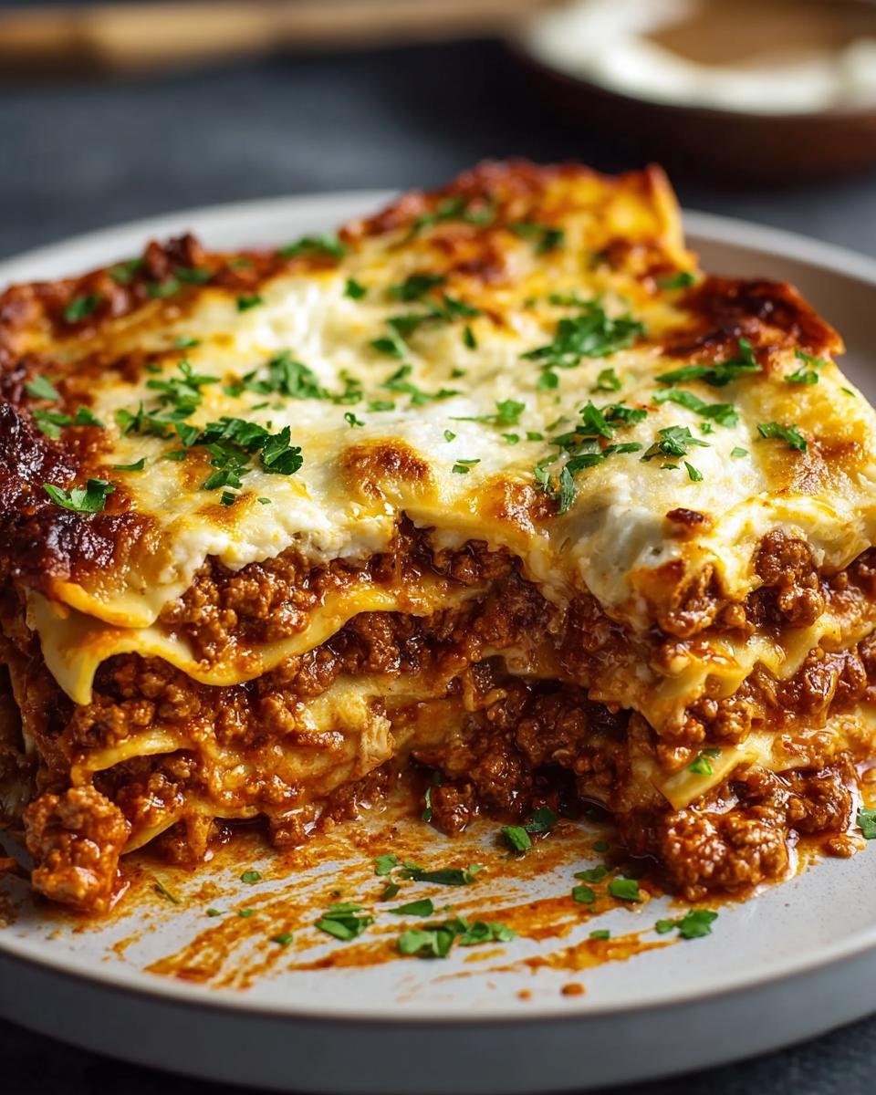 Gros plan d'une tranche de lasagne haute protéine, avec couches de viande, pâtes et fromage fondu, garnie de persil frais.