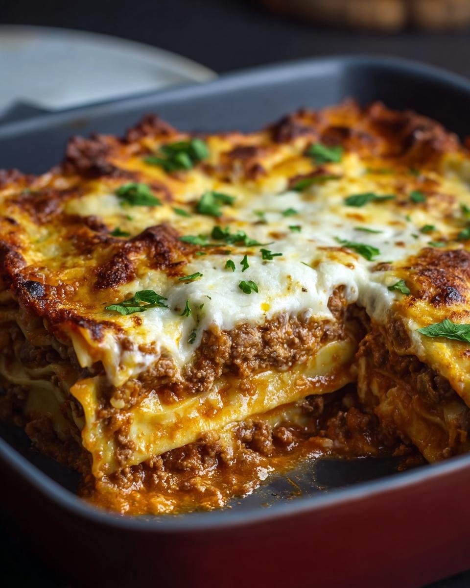 Gros plan d'une tranche de Lasagne Haute Protéine avec viande hachée, pâtes et fromage fondant, garnie de persil.