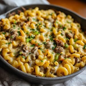 Gros plan de macaroni au fromage crémeux avec morceaux de viande, garni de ciboulette fraîche.