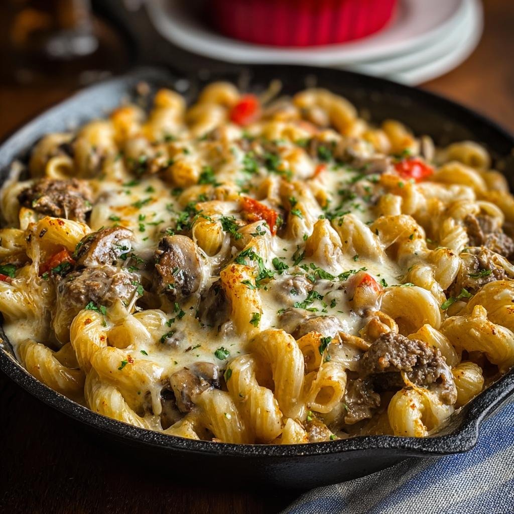 Gros plan sur un Macaroni au Fromage Crémeux dans une poêle, garni de bœuf haché, de champignons et de persil.