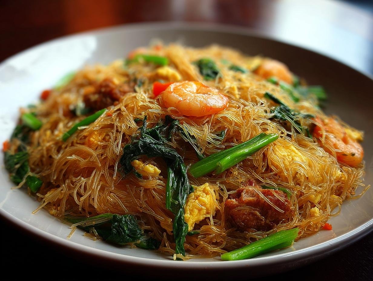 Gros plan de nouilles de riz frites avec des crevettes, des œufs brouillés et des légumes verts frais.