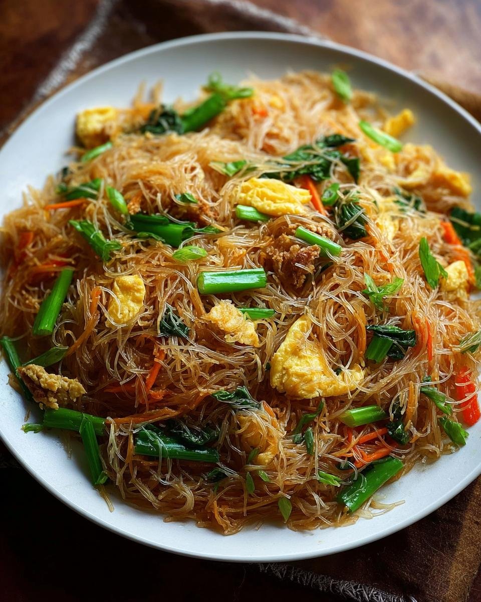 Gros plan de nouilles de riz frites mélangées avec des légumes verts, des carottes râpées, des morceaux d'œuf et des oignons verts.