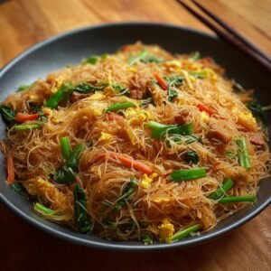 Gros plan sur un plat de nouilles de riz frites avec des légumes, des œufs et de la viande.