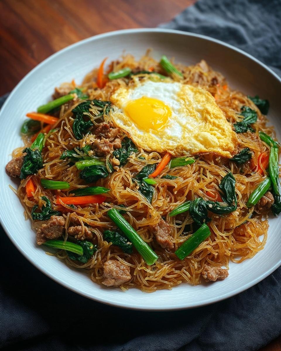 Gros plan de nouilles de riz frites avec des morceaux de viande, des légumes verts et une carotte, garnies d'un œuf au plat.
