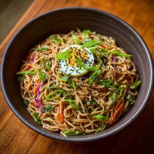 Nouilles Froides au Sésame: 30g Protéines! 4 Un bol de nouilles froides au sésame protéinées garni d'un œuf mollet, de ciboule et de graines de sésame.