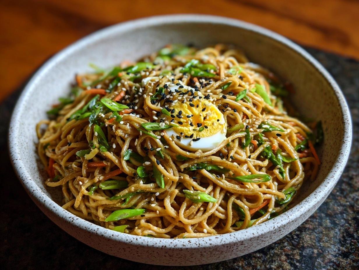 Bol de nouilles froides au sésame protéinées garnies d'un œuf dur, de ciboule et de graines de sésame.